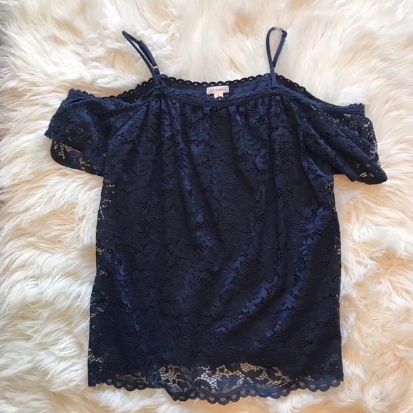 Xhilaration | Blue Lace Lined Cold Shoulder Top - Picture 1 of 7